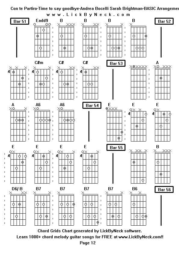 Chord Grids Chart of chord melody fingerstyle guitar song-Con te Partiro-Time to say goodbye-Andrea Bocelli Sarah Brightman-BASIC Arrangement,generated by LickByNeck software.